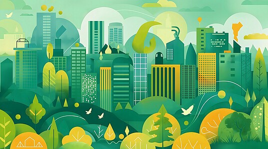 Grafik einer grünen, nachhaltigen Stadt als Symbolbild für Kreislaufwirtschaft