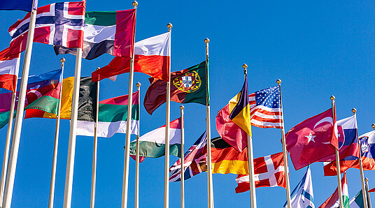 Flags of different countries flutters in the wind against