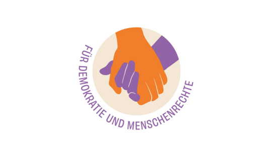 Für Demokratie und Menschenrechte, Logo mit zwei Händen, die ineinander greifen