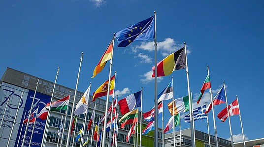 Flaggen der europäischen Union und deren Mitgliedsländer wehen im Wind
