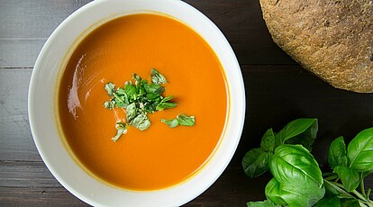 Tomatensuppe in einem Teller mit Basilikumblättern. Auf dem Tisch mehr Basilikum und dunkles Brot.